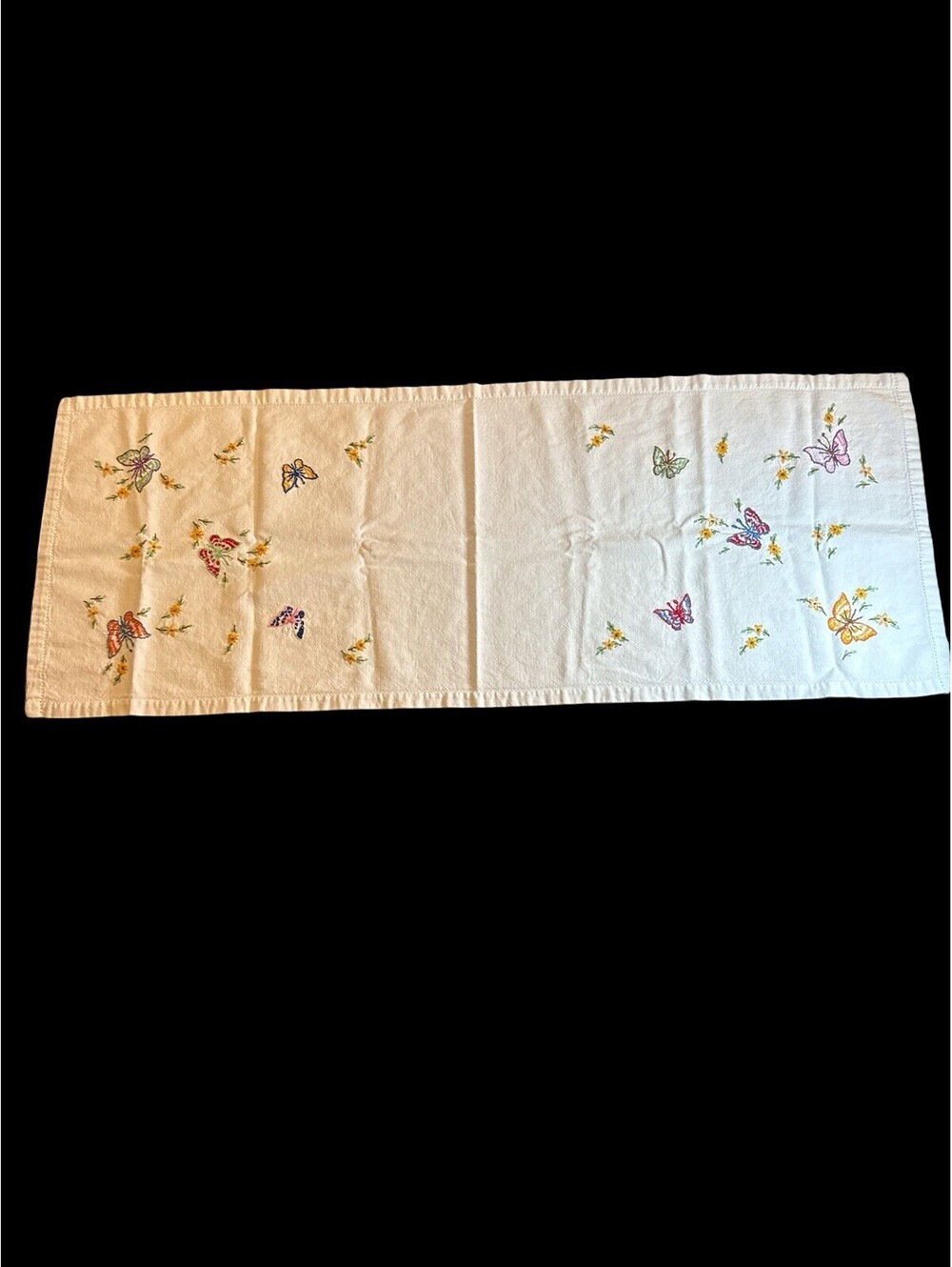 Butterfly Embroidered Table Scarf Cloth 34"L x 13"H Estate Sale Vintage